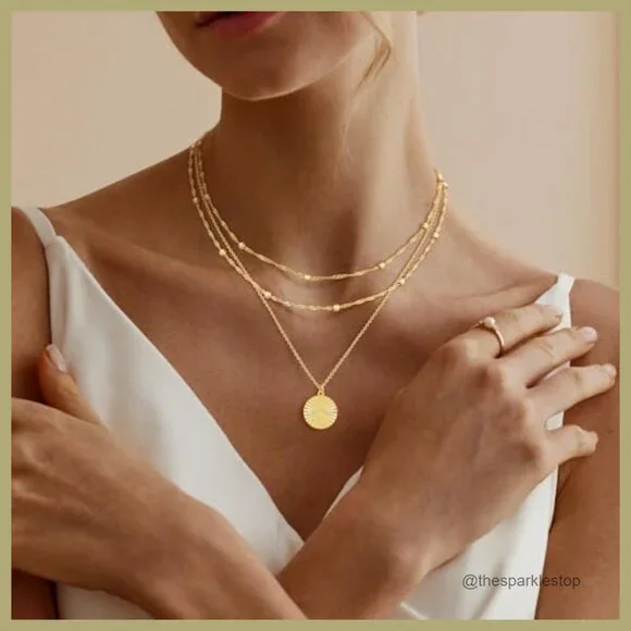 14K Gold Plated Layered Choker Necklace with Pearl Beads and Disc Pendant - Picture 6 of 7